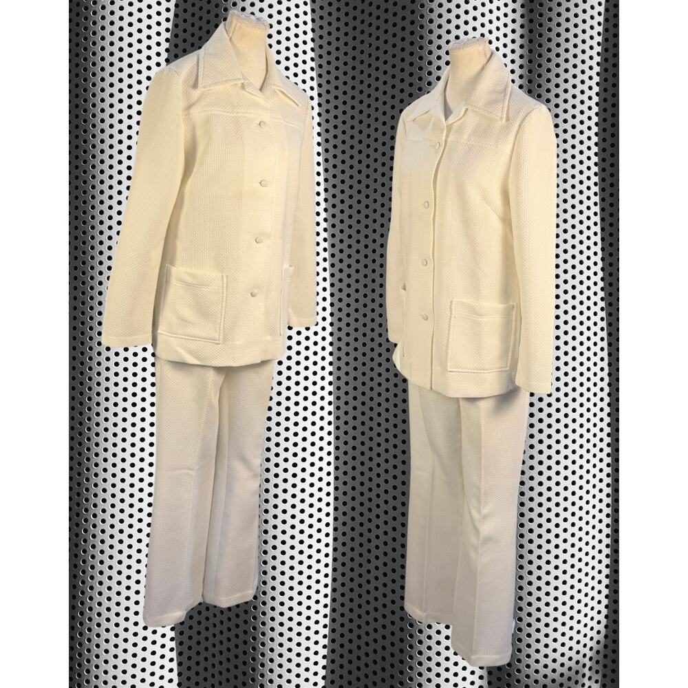 Vintage 70s Groovy White Waffle Knit Dagger Collar Blazer Flare Pants Set M/L - Picture 2 of 7